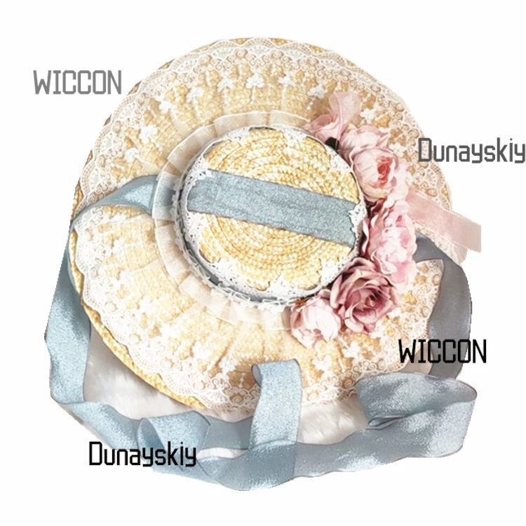 Пастельная соломенная шляпа Лолиты Cottagecore с цветочным принтом, французский капот с широкими полями, шелковые ленты, элегантная шляпа от солнца, фея Kei/косплей, Хэллоуин