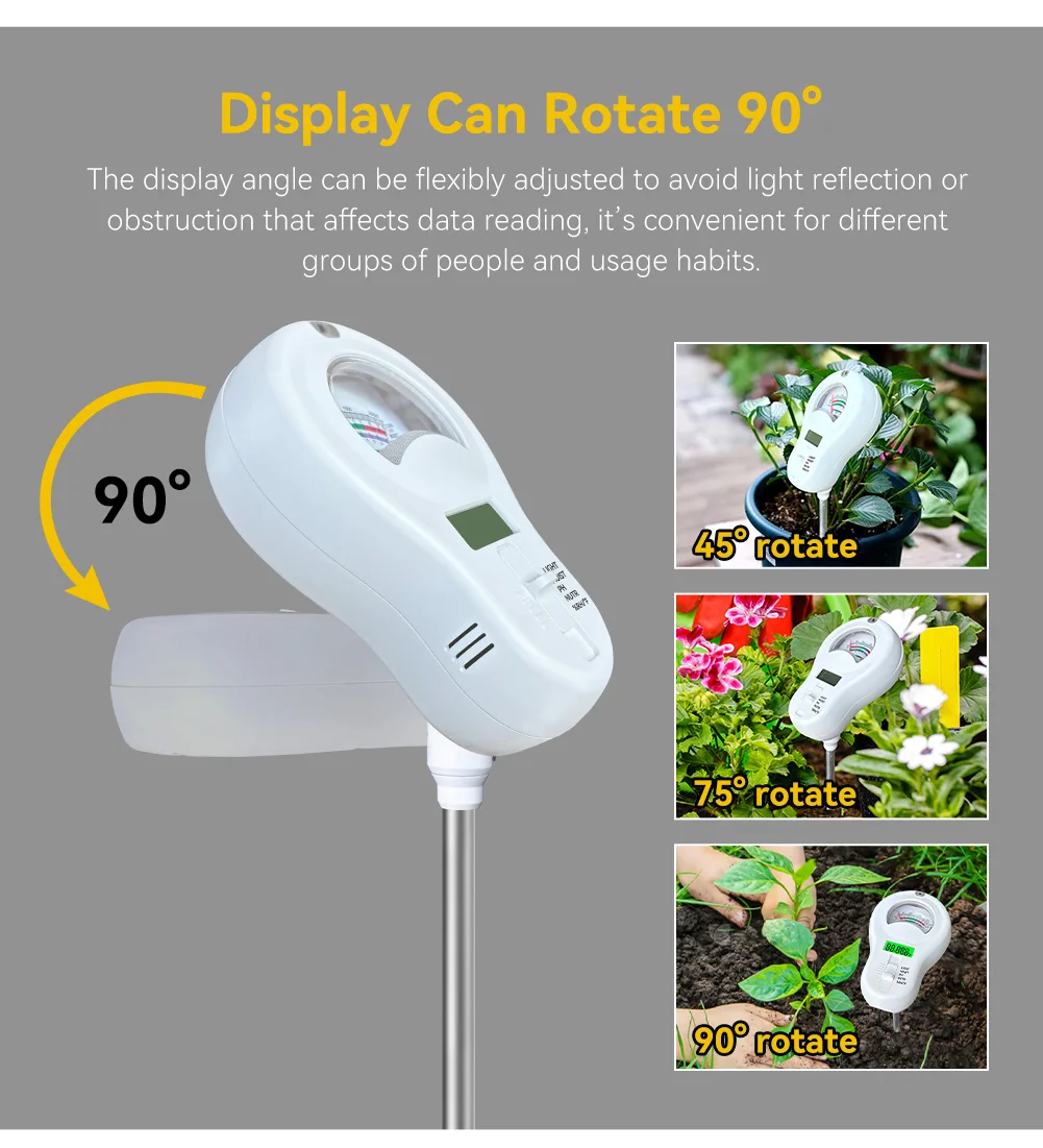 Yieryi 6 in 1 Soil Tester PH/Moisture/Light/Fertility/Temp/Humidity Tester with Rotating Display Soil PH Meter for Garden Plants