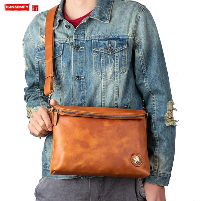 2024 nova bolsa de ombro dos homens do couro do vintage saco do mensageiro do couro genuíno elegante casual masculino grandes sacos crossbody