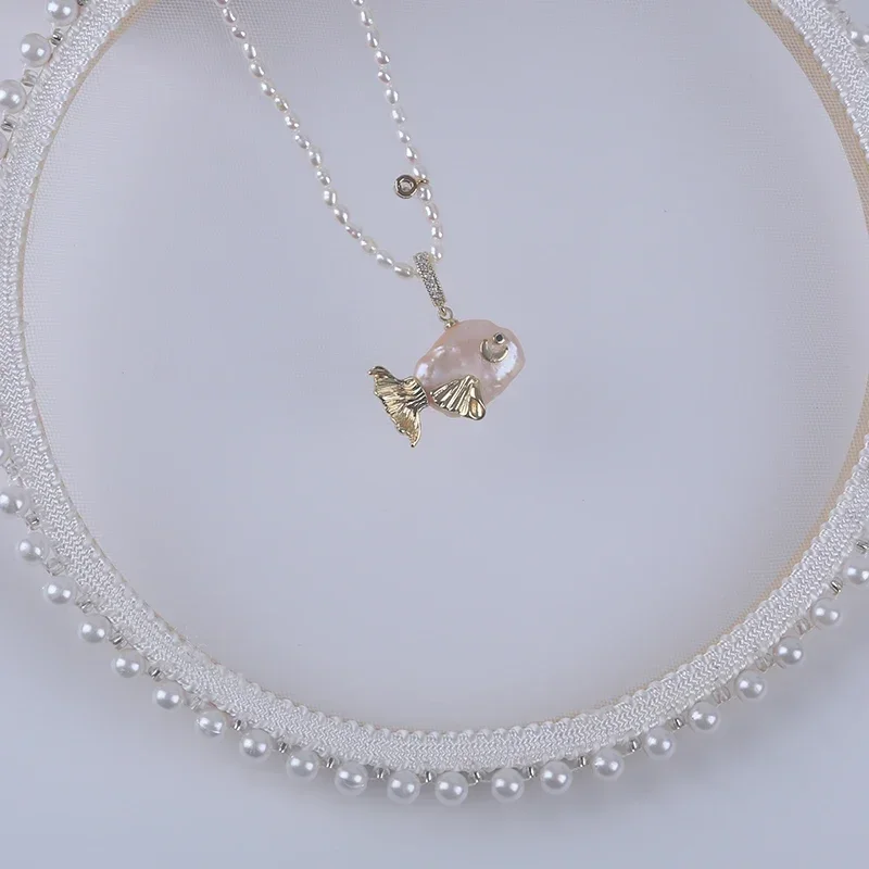 New design pink Keshi pearl with 3mm white rice shape natural freshwater pearl string cute fish handmade necklace