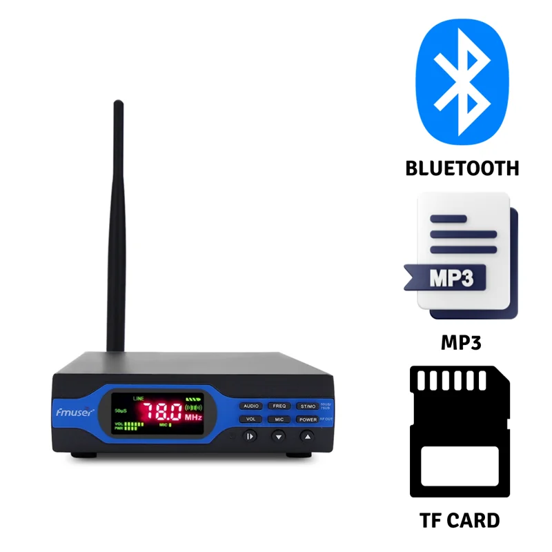 

FMUSER 1W pll wireless FM Transmitter stereo Upgraded 1 watt FM radio broadcast MP3 Bluetooth Battery Function Accessories