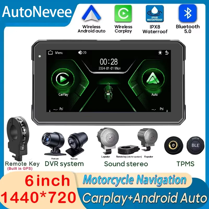 Carplay layar Monitor sepeda motor, layar Monitor dasbor Digital Multimedia, tahan air IPX8 navigasi GPS otomatis untuk motor Android