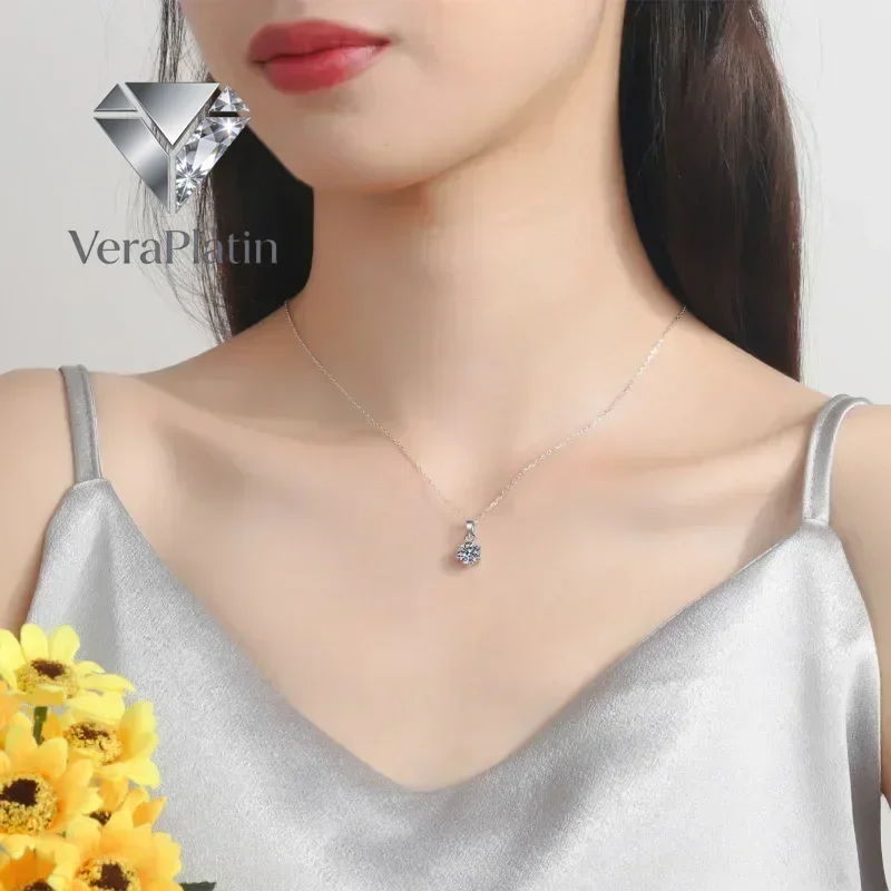

VeraPlatin Valentine's Day 18K White Gold Women Wedding Necklaces 0.5/1/2/5CT Moissanite Diamond PT950 Platinum Pendant Girl Bir