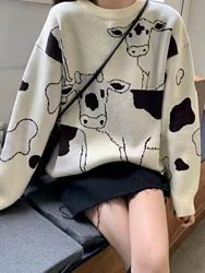 Women's Cow Print Thick Knit Loose Cute Winter Sweater Female Casual Kawaii Casual Girl Pullover Knitting Pullover for Women