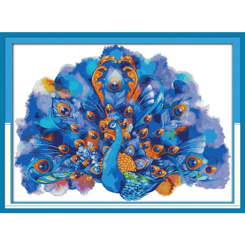 

Joy Sunday New Stamped Cross Stitch Ki,11CT/14CT/16CTDIY Easy Pattern Aida Fabric Embroidery Set-Blue Peafowl (2)