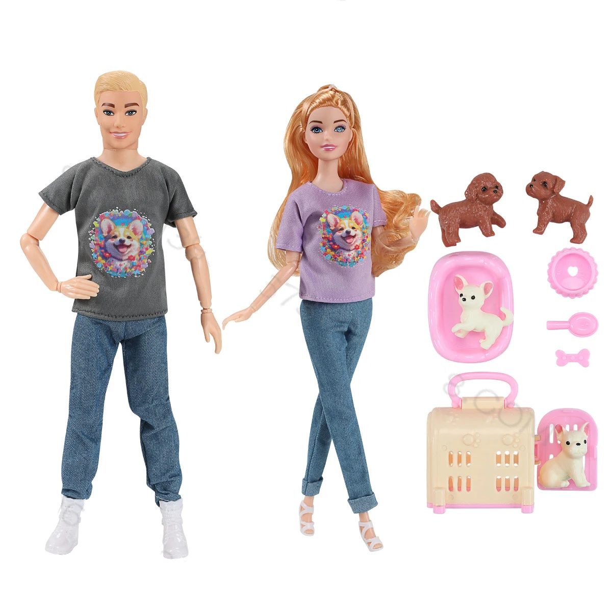 30CM Girl Princess Prince Doll Fashion Couple Pet Cat And Dog Toy Set Fashion Clothes 1/6 BJD Doll DIY Dress Up Play House Toys