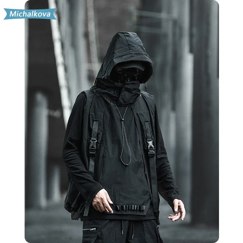 Loose vest paratrooper functional vest hip hop Hood Cargo Pockets women/Men's clothes Japanese style Harajuku fashion michalkova