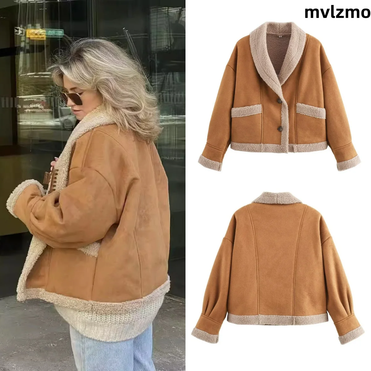 Retro suede thick solid jacket female 2024 autumn and winter models in ins loose lamb wool biker cotton jacket coat