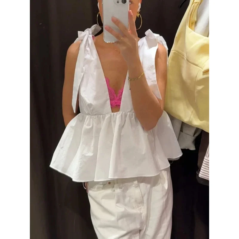 

Women's Sexy V Neck Camisole Vest Top Summer Elegant White Cropped Fashion Casual Bowknot Backless Short Top