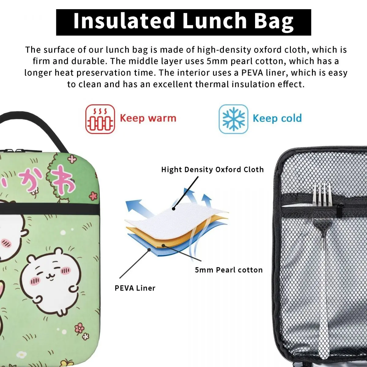 Chiikawa Usagi Hachiware مانغا معزول حقيبة الغداء السفر لطيف انمي ياباني الغذاء حقيبة التخزين المحمولة برودة صندوق غداء حراري