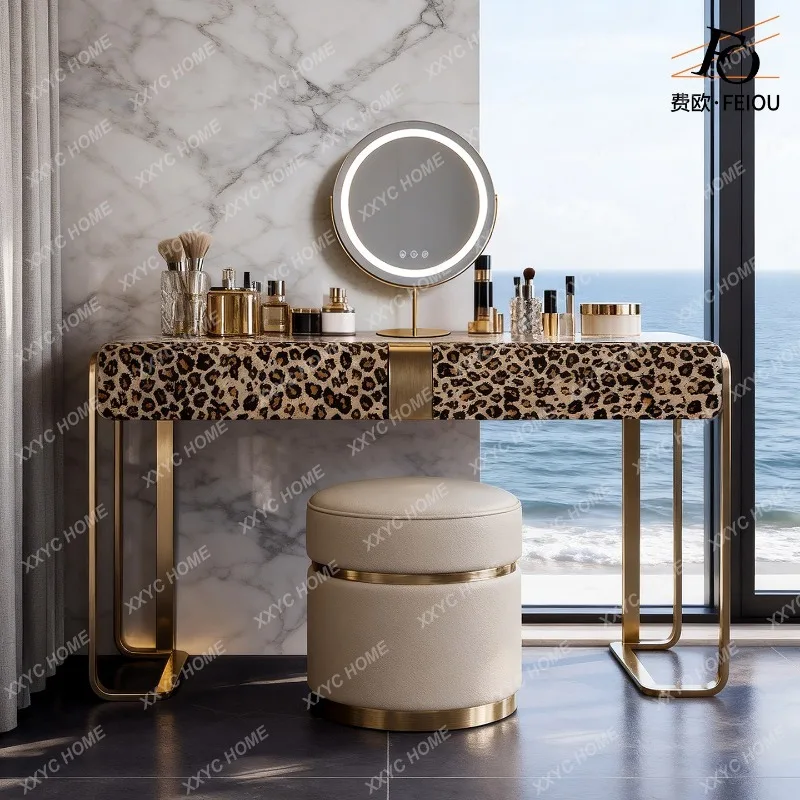 Light luxury makeup table large flat mansion custom high-end leopard print cow fur marble master bedroom dresser