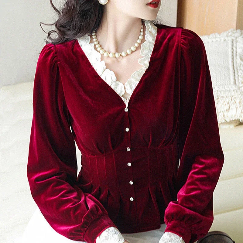 Fall Spring Womens Vintage Ruffles Lantern Sleeve Wine Red Black Velvet Blouse Tops , Woman Slim Lace Patchwork Velour Blouses