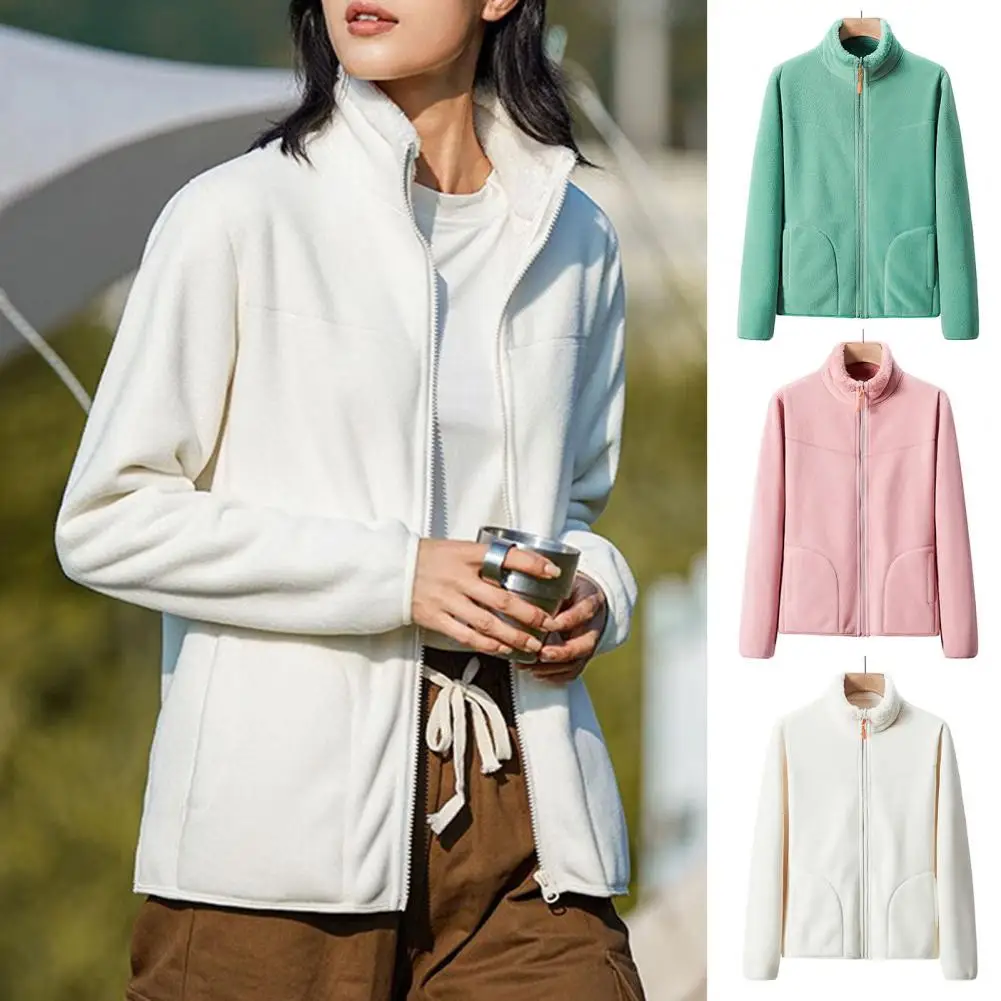 Women Polyester Jacket Cozy Stand Collar Women's Winter Jacket Thick Plush Windproof Warm Cardigan with Zipper Closure Winter