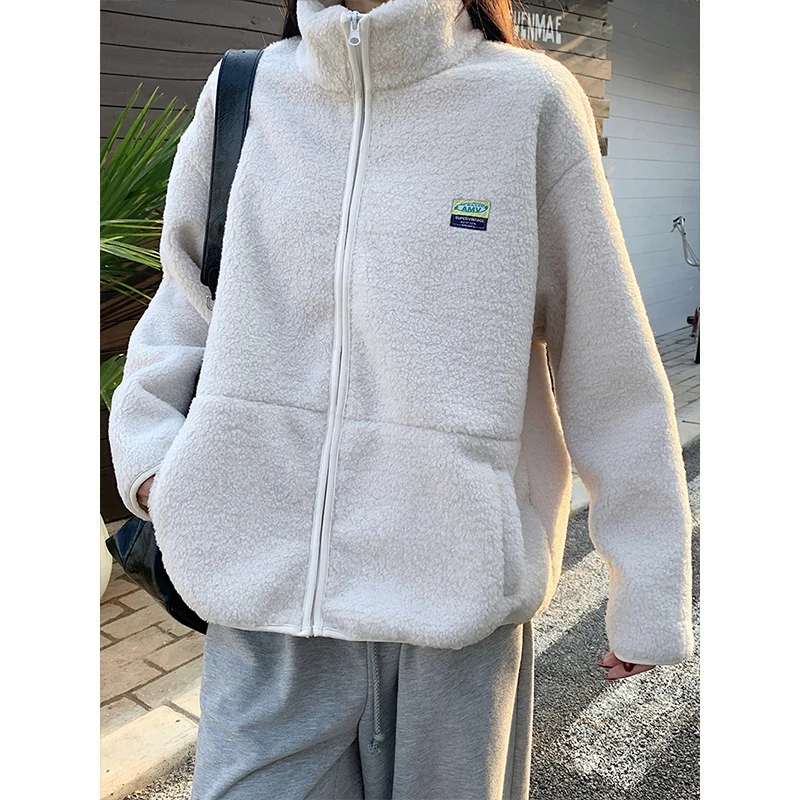 MosesQueen Queen Moses Warm Casual Loose Women's Jacket Lamb Lamb Stand Collar Coat Polyester Fiber Zipper Decoration Fleece ...
