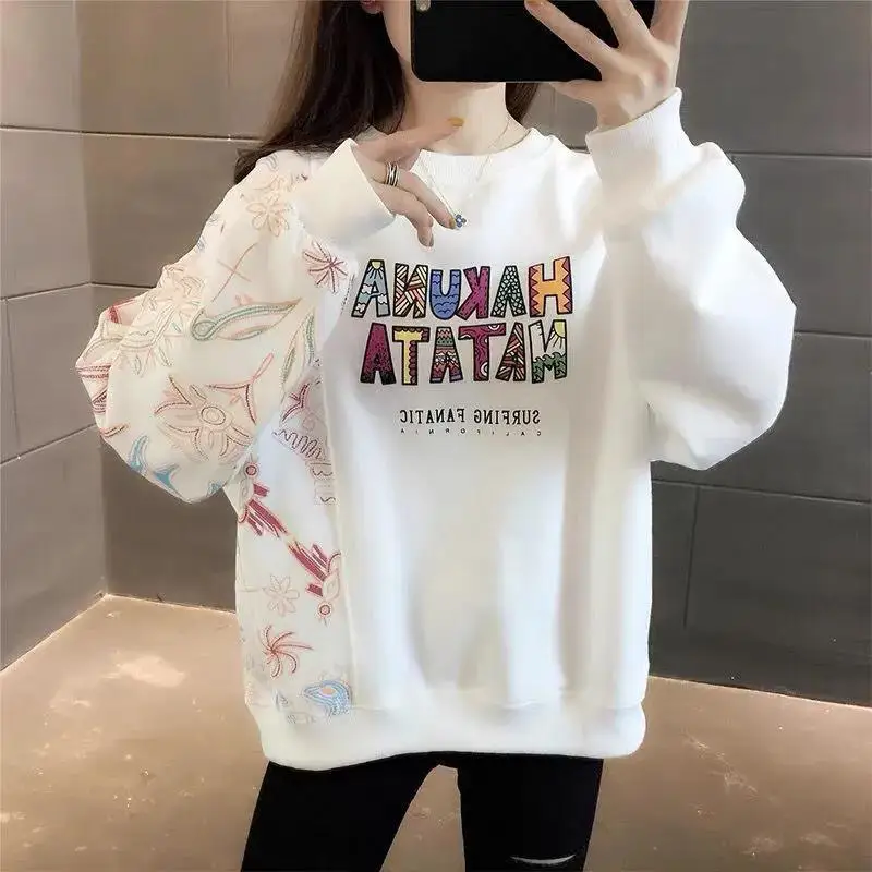 Autumn and Winter Women's Pullover Round Neck Solid Letter Hand Painted Printed Long Sleeve Hoodies Loose Fashion Casual Tops