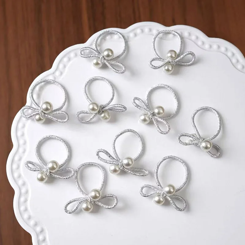 20pcs Mini Fashion Versatile Silver-White Solid Color Simulation Pearl Bow High-Elastic Hair Ties For Women Hair Accessories