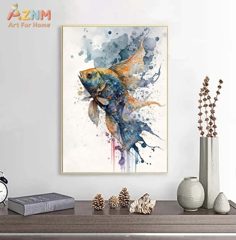 AZNM Watercolor Sea Creature Canvas Wall Art Jellyfish Whale Octopus Turtle Shark Fish Splash Ink Print Unframed Canvas Painting