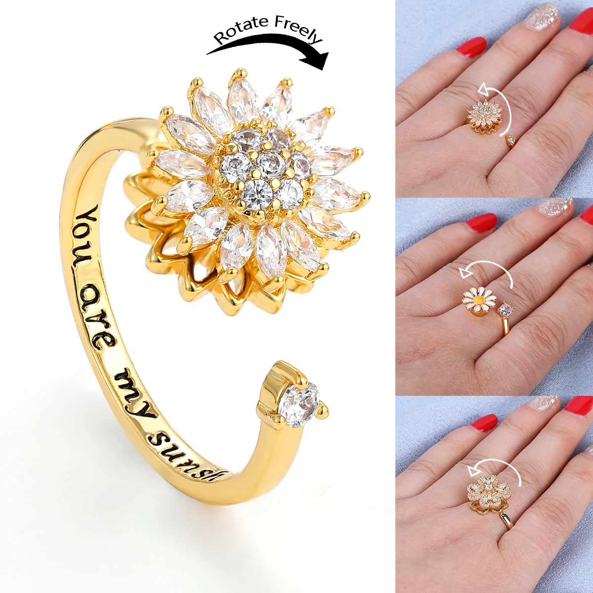 Fidget Anti Stress Anxiety Rings for Women Stainless Steel Gold-plated Rotatable Sun Star Evil Eye Sunflower Spinner Rings