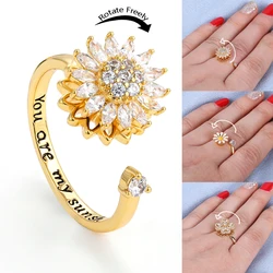 Fidget Anti Stress Anxiety Rings for Women Stainless Steel Gold-plated Rotatable Sun Star Evil Eye Sunflower Spinner Rings
