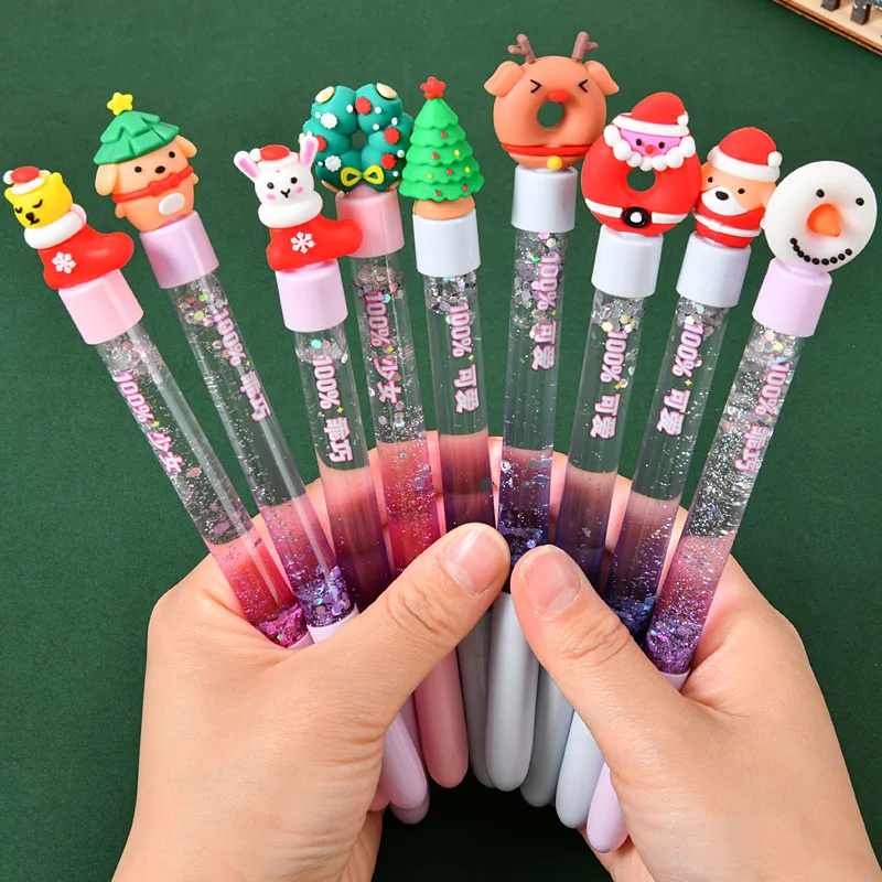 5/10/20pcs Cute Cartoon Christmas Colorful Oil Flowing Sand Gel Pen 0.5mm Black Ink Pens School Office Writing Stationery Gifts