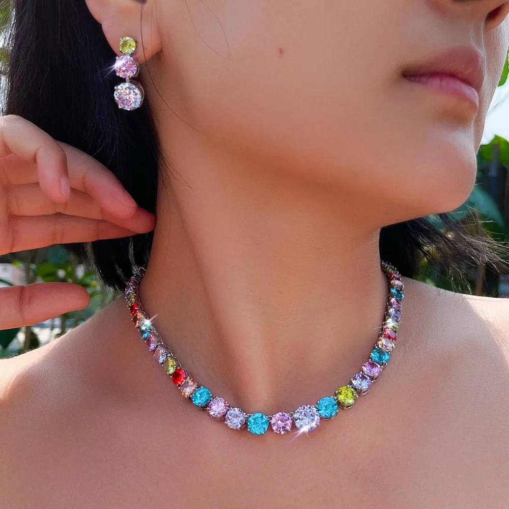 CWWZircons Luxuriöses Glänzendes Lila Rundes CZ Tennis Choker Halsketten- und Ohrring-Set für Damen Hochzeit Braut Party Schmuck Großhandel T1036 – Detail 4