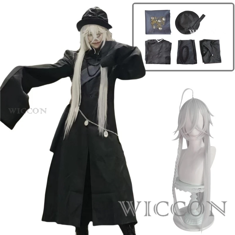 Anime Black Butler Under Taker Costume Cosplay Parrucca argentata Abito nero Scialle Cappello uniforme Uomo adulto Abito natalizio di Halloween