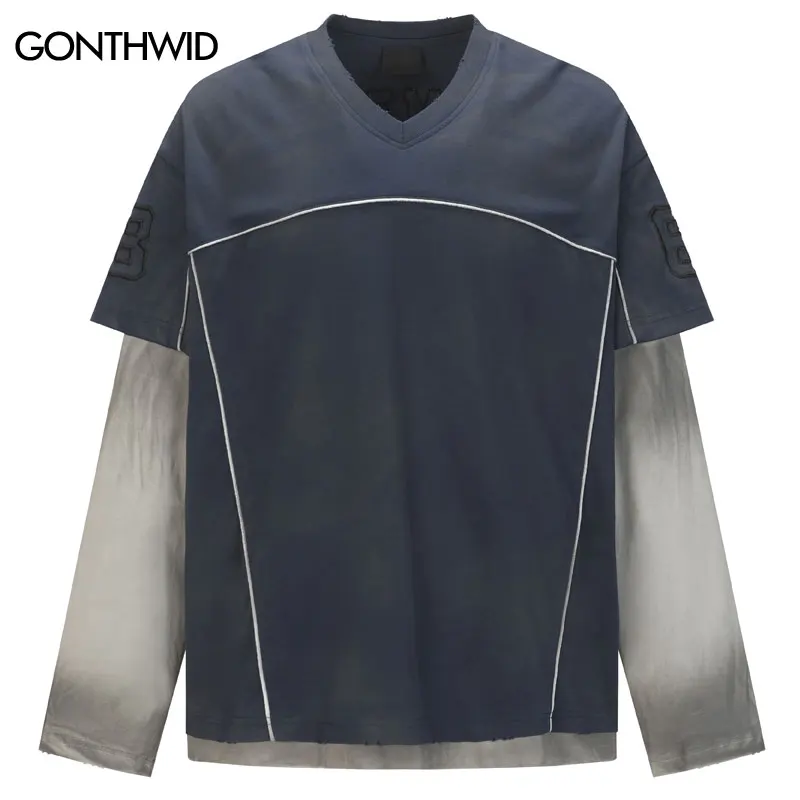 

Vintage T-Shirt Y2K Grunge Embroidered Fake Layered Two Piece Distressed Ripped Sports Shirts Streetwear Hip Hop Punk Loose Top