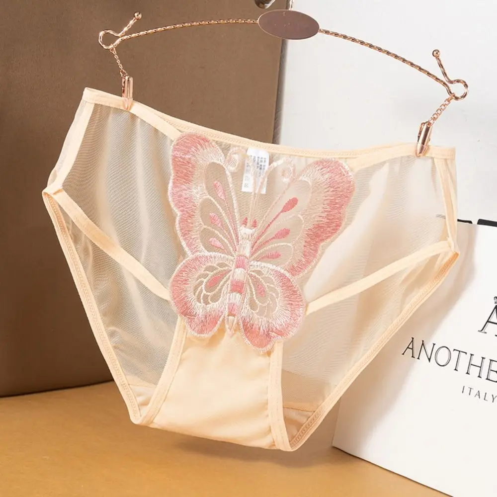 

Transparent Butterfly Embroidery Panties Cotton Crotch Thin Women's Mid Waist Mesh Briefs Underwear Seamless