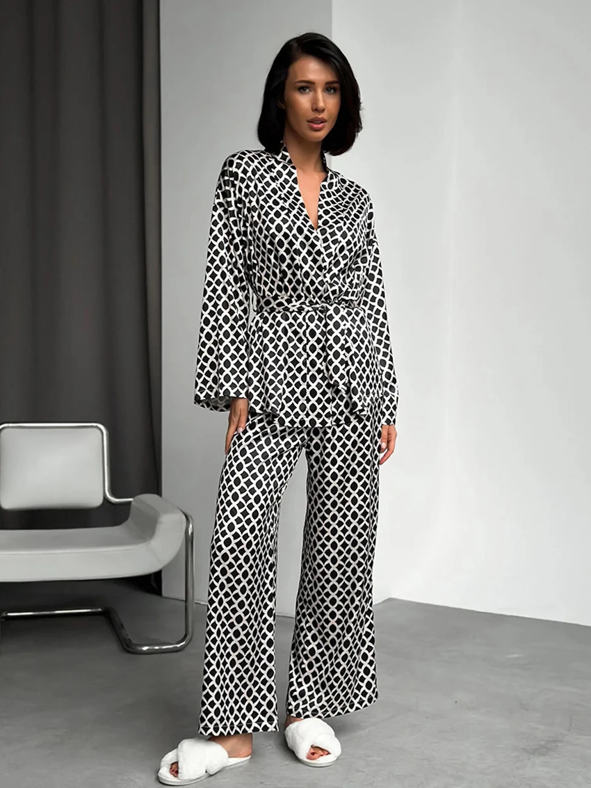 

Marthaqiqi Printing Ladies Nightwear Suit Long Sleeve Robe Turn-Down Collar Pajamas Lace Up Nightie Pants Casual Nightgowns Sets