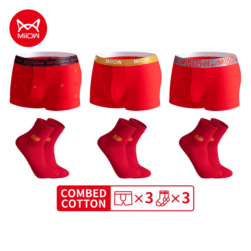MiiOW 6Pcs Cotton Boxer Socks Set Antibacterial Breathable Crotch Men's Panties Underwear New Year's Red Man Underpants Trunks