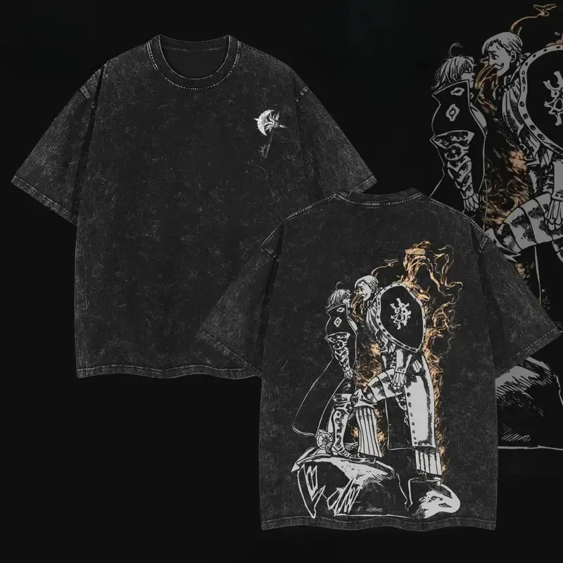 تي شيرت The Seven Deadly Sins Meliodas Escanor جرافيك تي شيرت للرجال والنساء ملابس كبيرة الحجم تي شيرت مغسول من حمض القطن عالي الجودة ناعم
