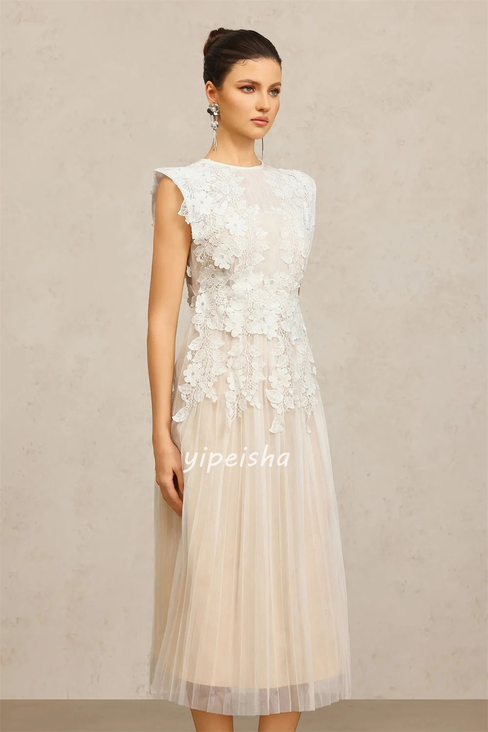 Customized Elegant Fashion Tulle Applique Pleat Straight Scoop Neck Tea Length Dresses Bespoke Occasion Dresses Modern Style image 4