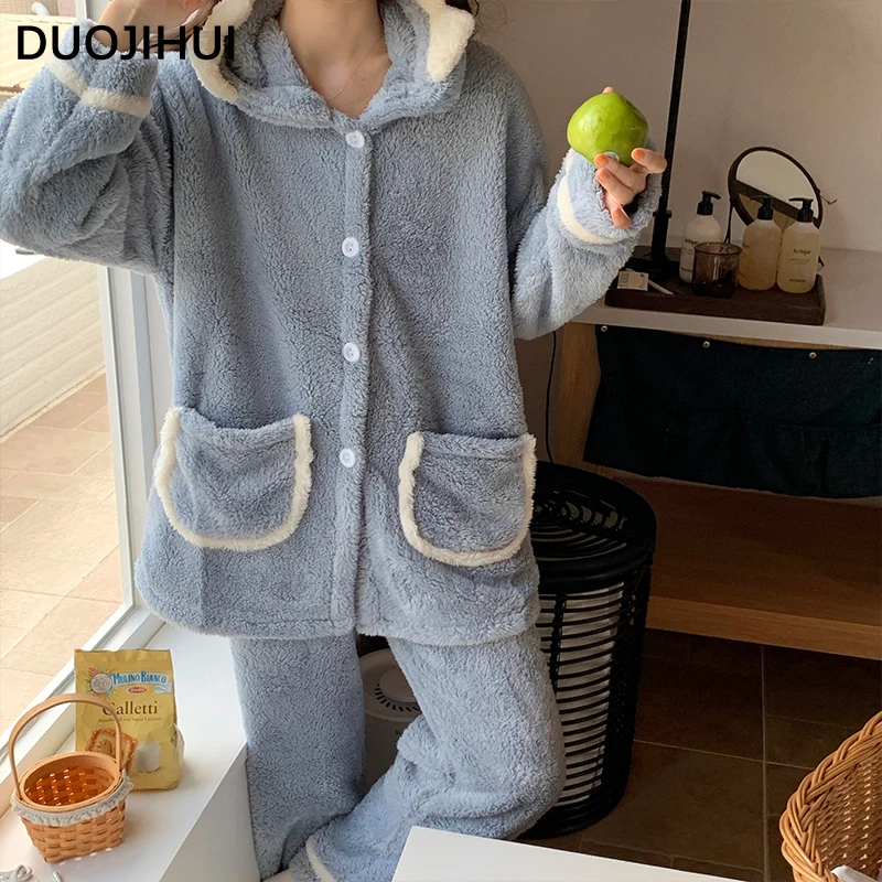 Duojihui Eenvoudige Zak Losse Capuchon Pyjama Voor Vrouwen Winter Effen Kleur Flanellen Casual Mode Dikke Warme Vrouwelijke Pyjama Sets