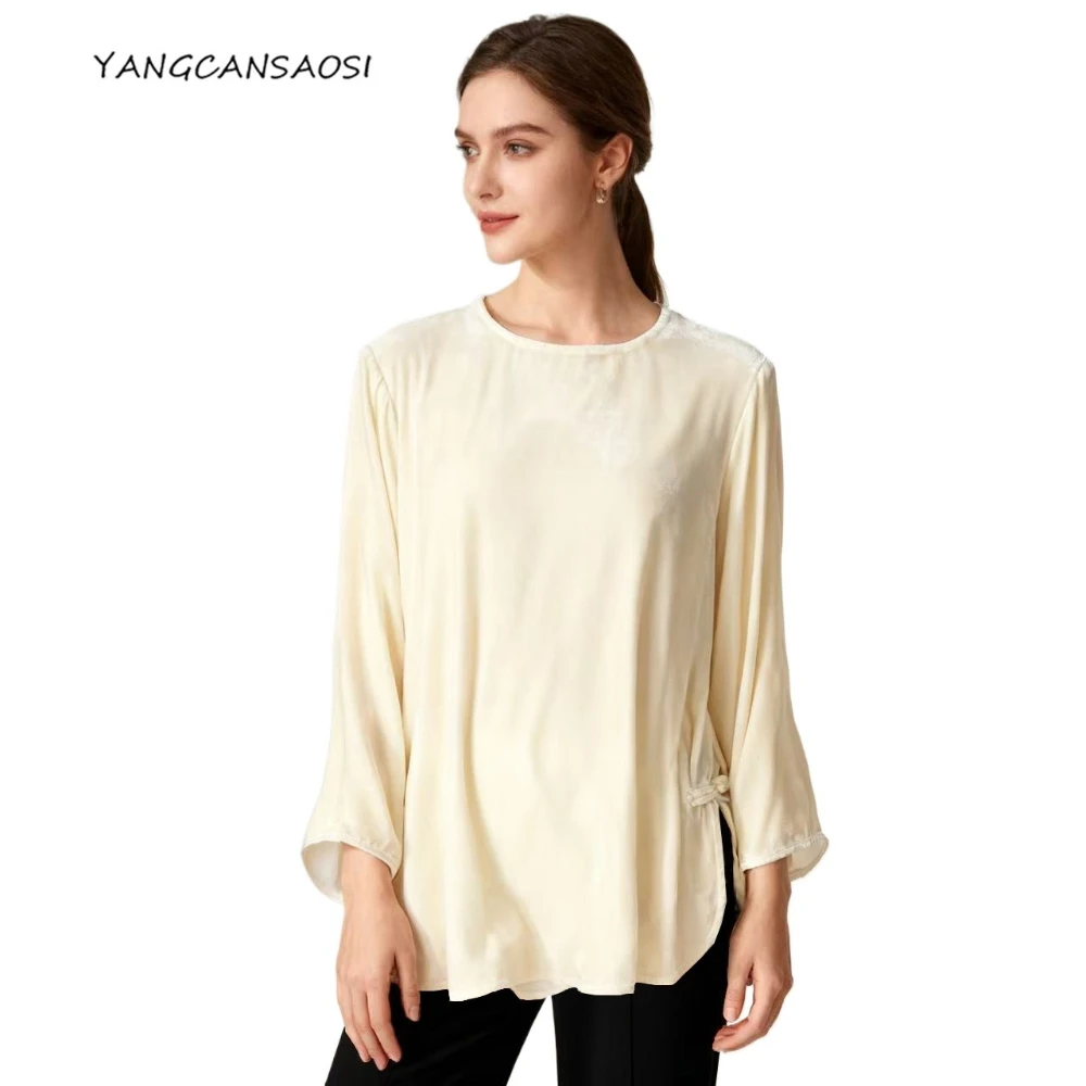 

Elegant 30% Natural Mulberry Silk Velvet Round Neck Long Sleeved Hem Buckle Design Loose Simple Women's Solid Color T-shirt