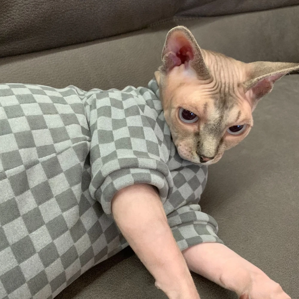 Fleece Undercoat for Sphynx Cat,Soft Plaid 4-legged Jumpsuit for Kittens small Dogs,Warm Costumes for Devon Rex Cat Clothing