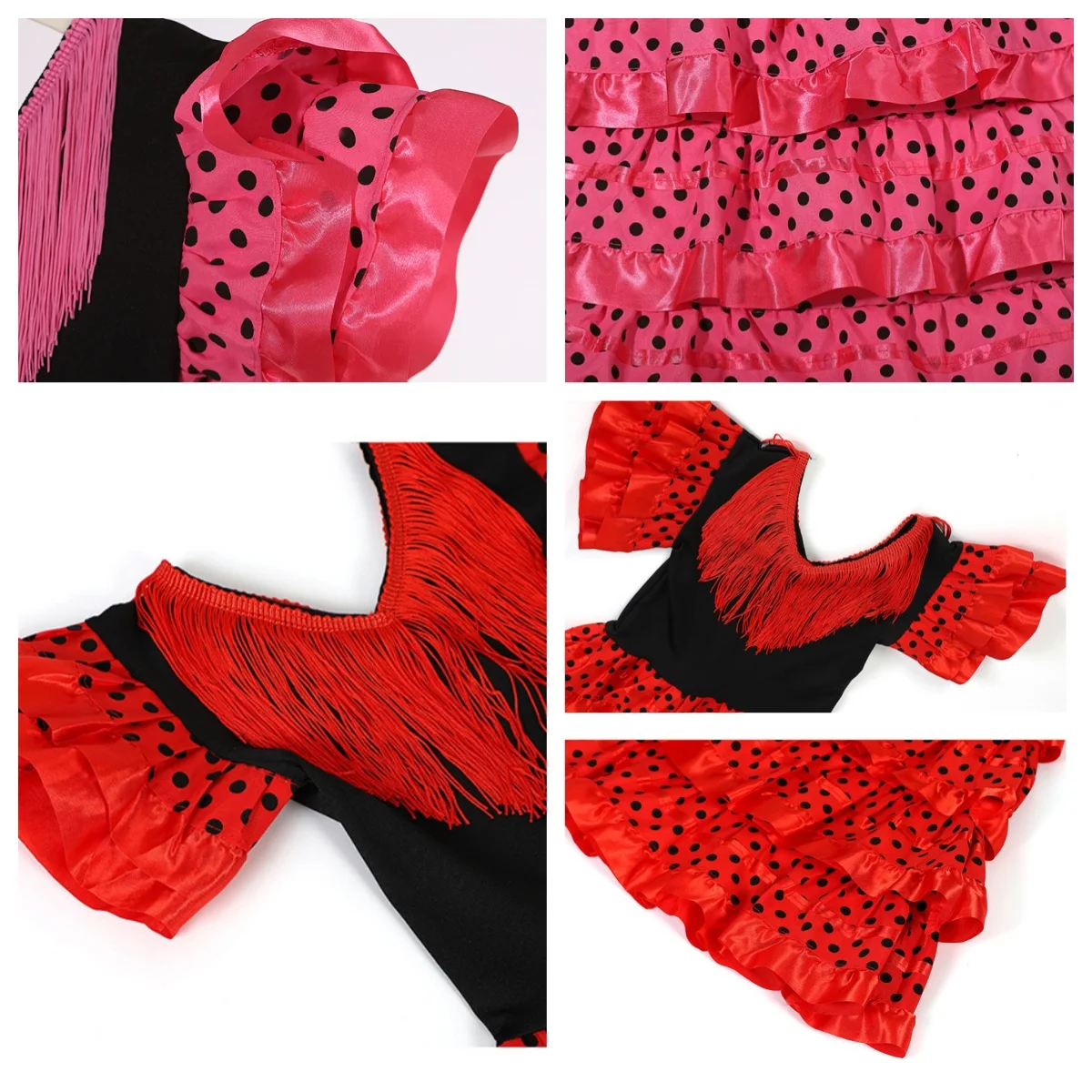 Kids Girls Spanish Flamenco Dance Costume Red Polka Dot Ruffle Long Dress Performance Outfit for Carnival Birthday Party - view 3
