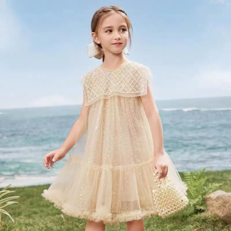 

Girls Light Luxury Mesh Beaded Dress New Little Girl Summer Dress Children's Sequin Princess Dress Big Children's Clothes