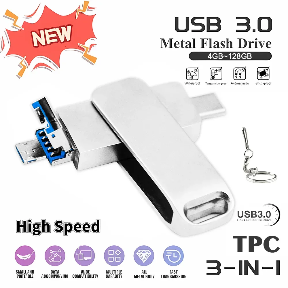 NEW Super High Speed Pen Drive 128GB 64GB 32GB 16GB 8GB 3 IN 1 Pendrive Memoria Stick Usb Flash Drive Portable Cle USB 3.0 Gift