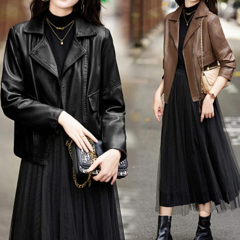 Jaqueta Streetwear com Zíper, Casaco Curto Feminino de Couro Sintético PU com Gola Dobrável, Coleção Outono Inverno NOVO 2026, Ideal para o Trabalho