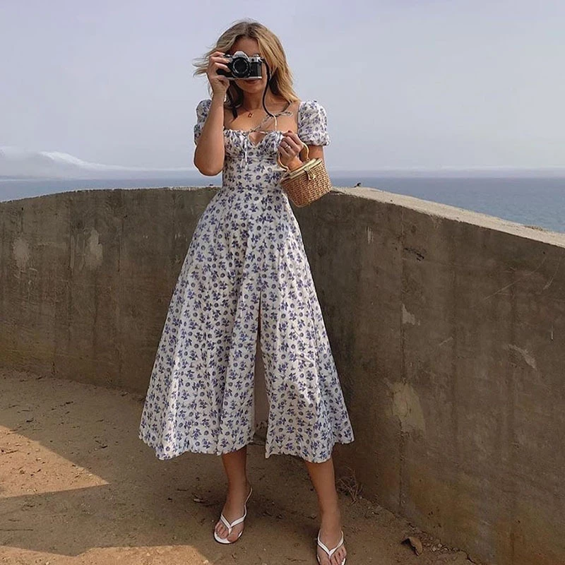 Street Style Floral Printing Split Long Dress Vintage Square Collar Puff Sleeve A-Line Dresses 2026 Summer Casual Lace-Up Dress