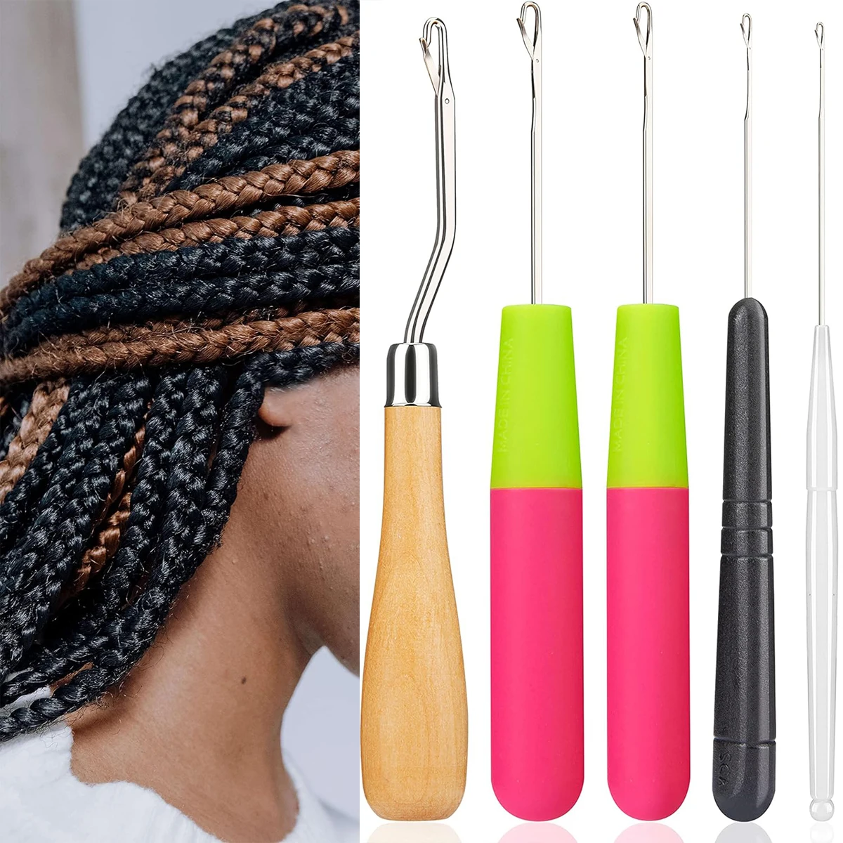 Juego de ganchos de ganchillo doblados, herramienta de rastas para tejer, extensiones de cabello, 5 piezas