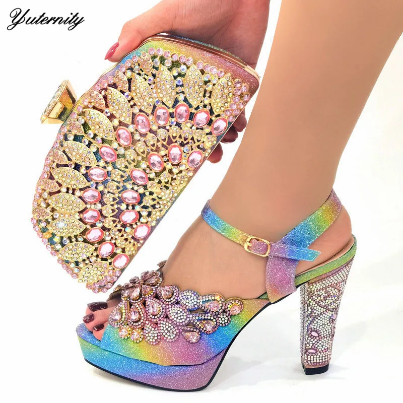 

High Quality Italian Rhinestone Pumps Shoes And Bag Set Nigerian Summer Women Sandal Shoes And Bag Matching Set For Party