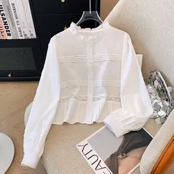 Koreaans temperament Unieke en mooie kanten blouse met kanten kraag en jacquard shirt met lange mouwen voor dames