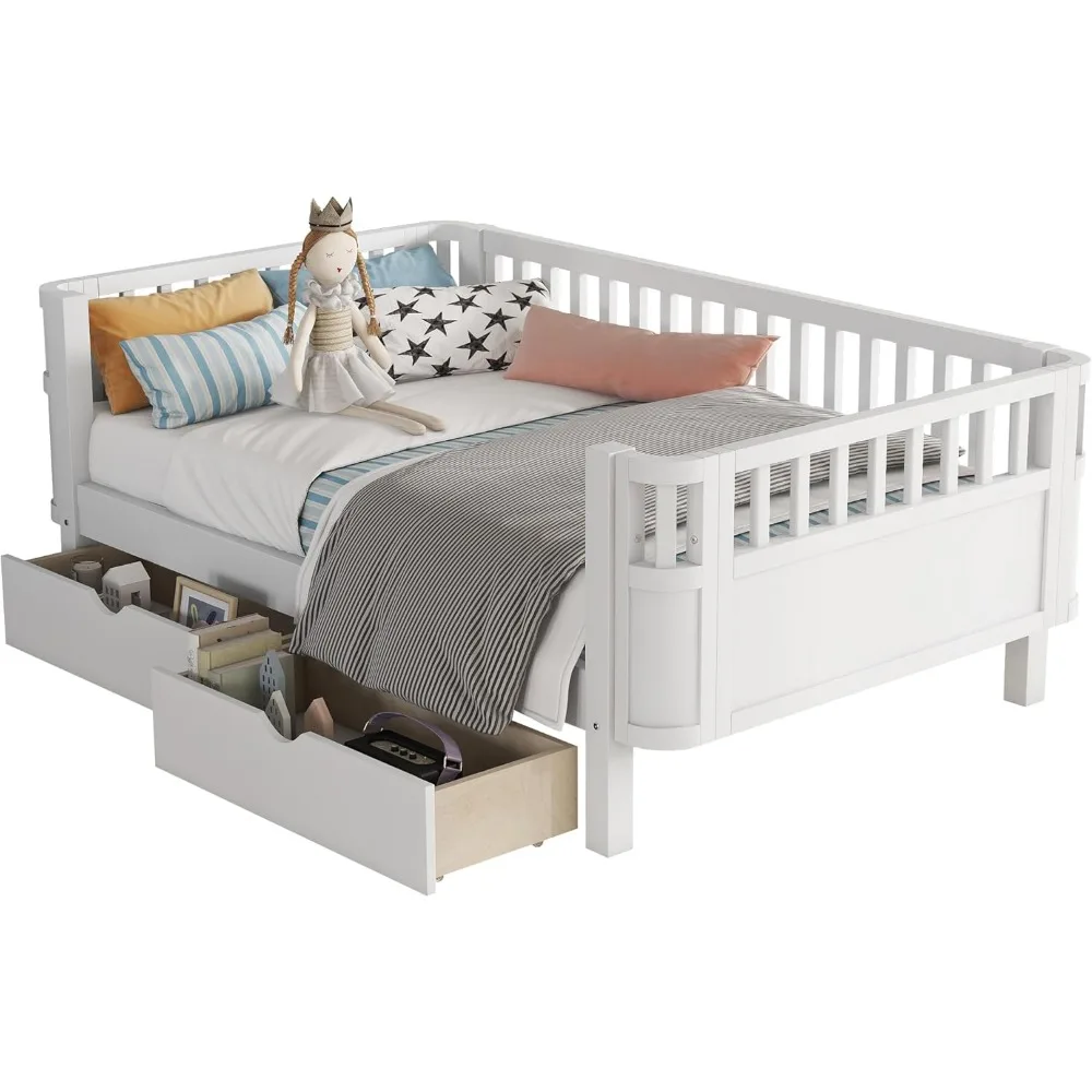 سرير أطفال مزدوج الحجم مع درابزين ودرجين بعجلتين، إطار سرير مونتيسوري خشبي منخفض المستوى مع دعم شرائح، توأم حديث