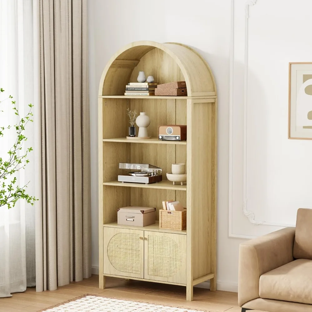 

Arched Display Cabinet, Natural Rattan Storage Cabinet with 5 Shelves, 5 Tier Arched Bookshelf, Wood Tall Bookcases, Sturdy, St