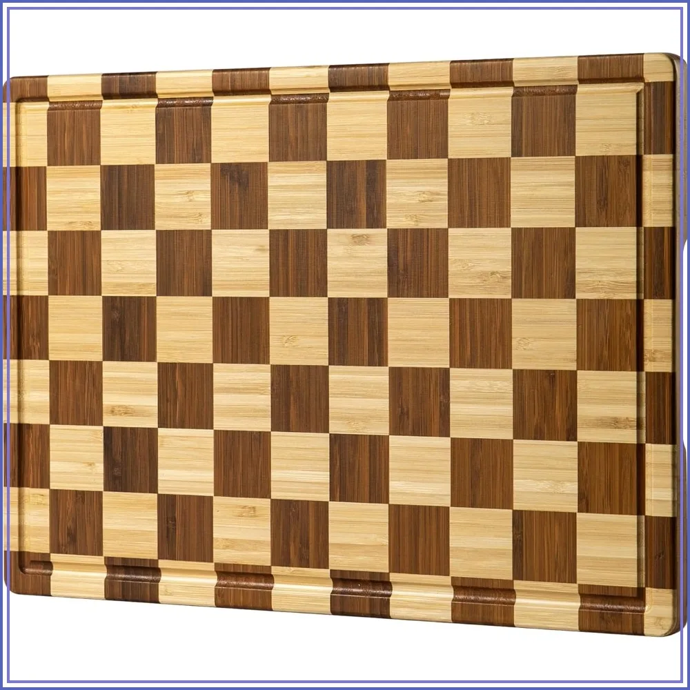 Bamboo Cutting Board for Kitchen, Checkered Wooden Serving Tray with Juice Groove, Non Slip, Non Toxic, Thick Large Chopping Board, 16.5" x 11.6" x 0.8"