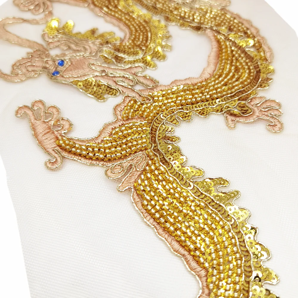 Beaded Gold Dragon Applique Sequin Embroidery Patch Chinese Applique Patches For Clothing 3D Appliques Parches Sew On AC1615