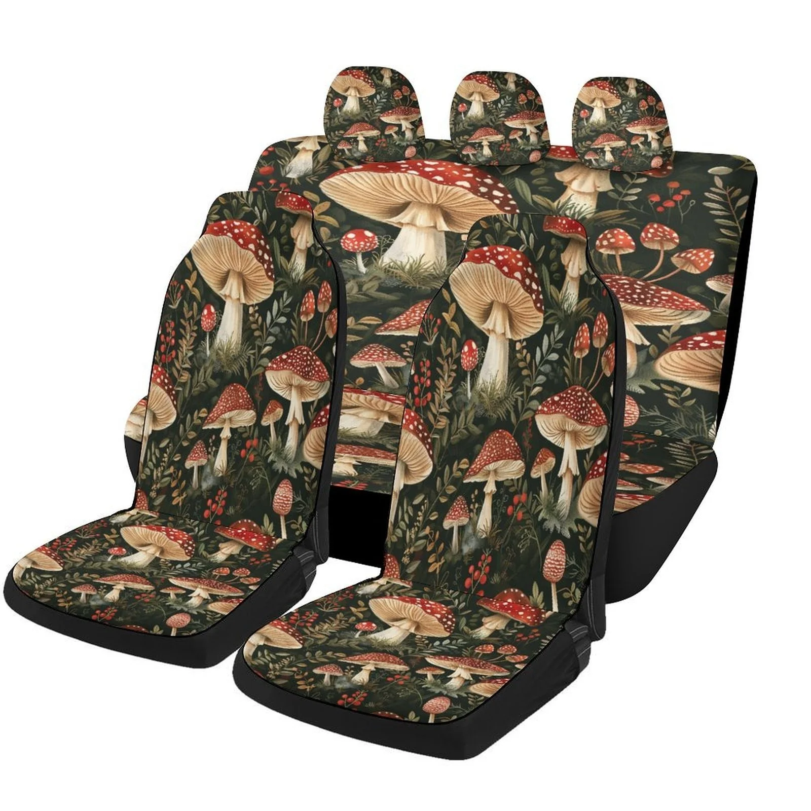 Set Of Car Seat Covers Featuring A Mushroom Forest Design, Suitable For A Variety Of Vehicles. Stylish And Durable, This Complet