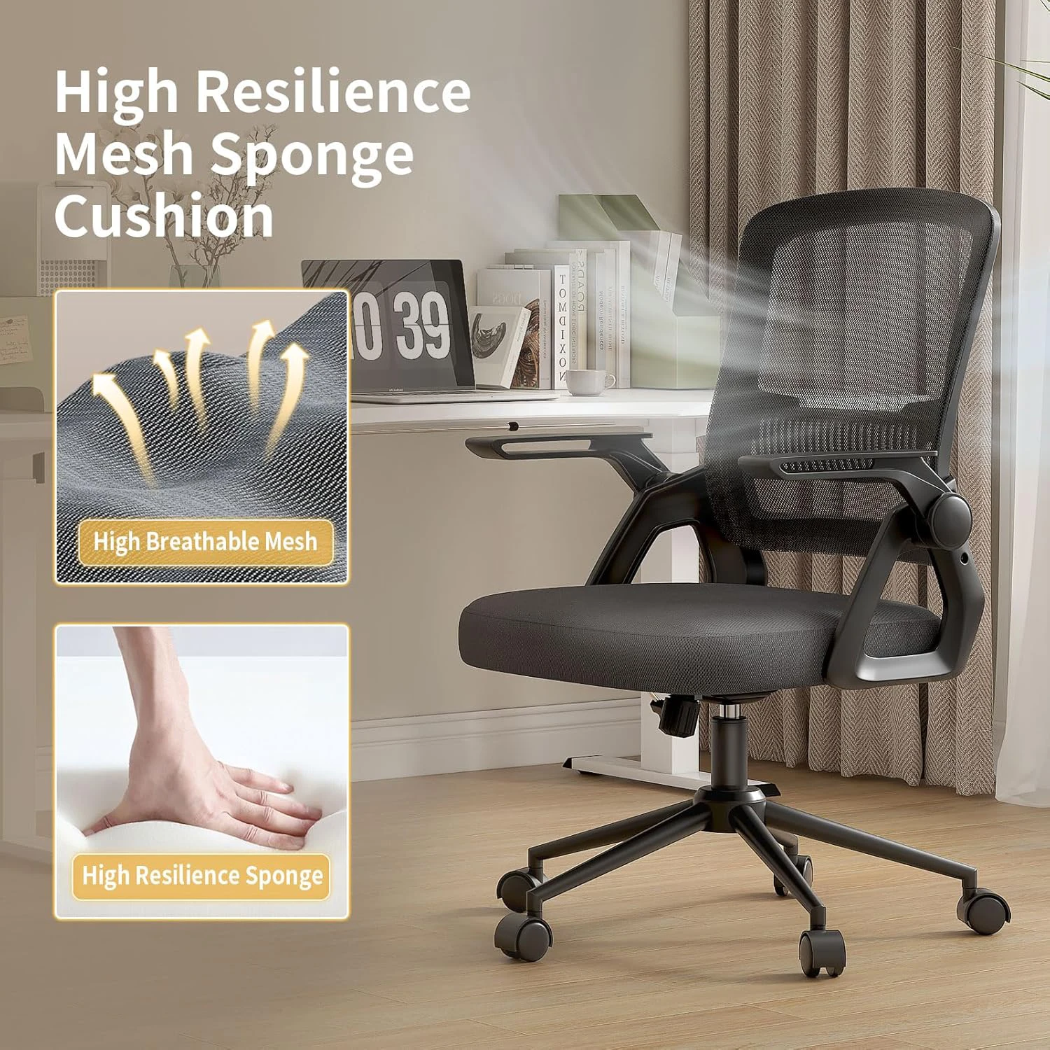 naspaluro Office Chair Ergonomic Mesh Flip-Up Arms Comfy Chair with Mid Back Cushion Lumbar Support for Home Bedroom Working