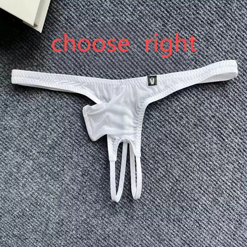 Men's Sexy Low Waisted Thong With Short Elephant Trunk Ice Silk Thin Cut Hollowed OutThin Straps Solid Color Underware